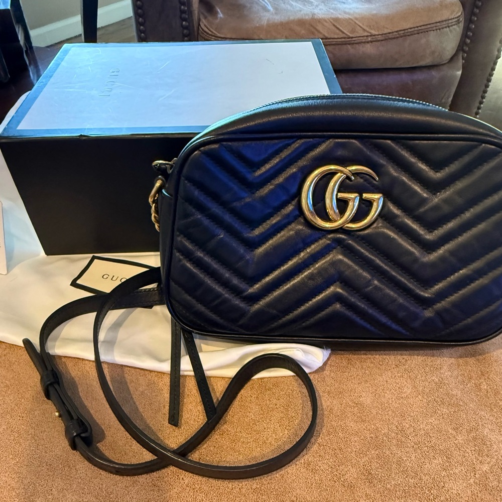 Gucci Black Chevron Leather Crossbody with Gold GG